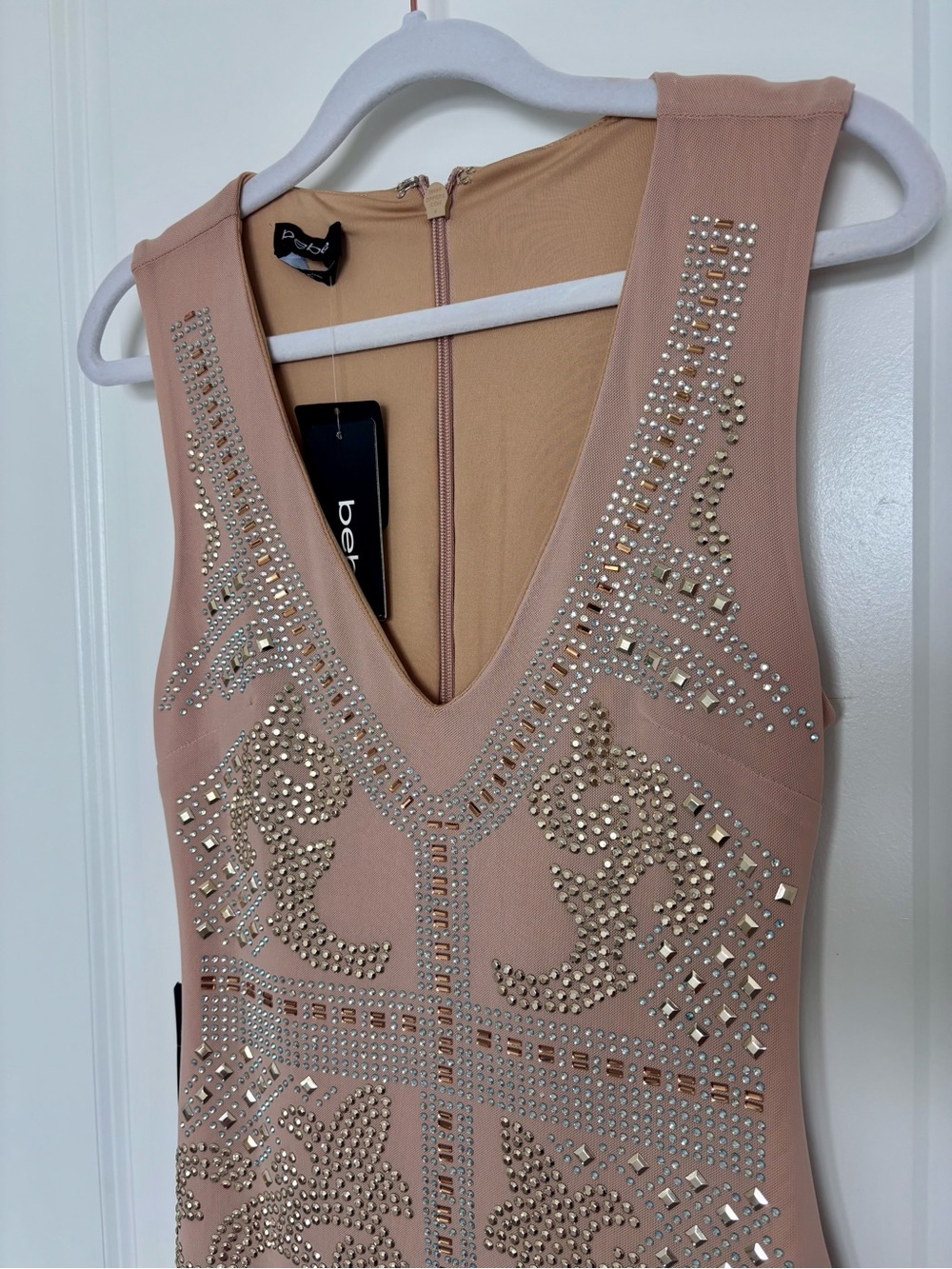 NWT Bebe Nude Studded Bodycon Mini Dress XS Y2K Glam Bandage Rhinestone Clubwear - Picture 5 of 14